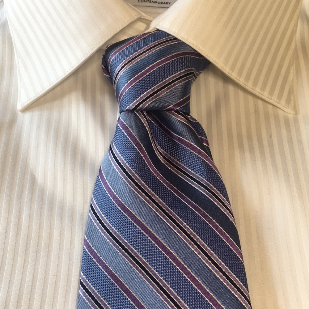 Robert Talbott Carmel light blue with purple diagonal stripes. Hand Sewn